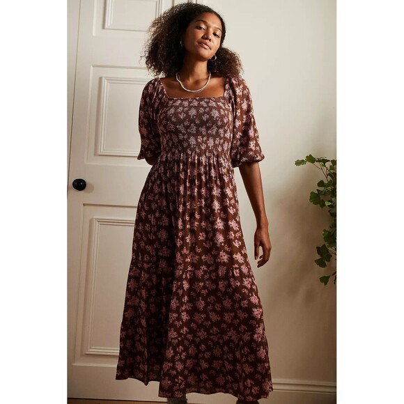 Urban Outfitters UO Lottie Chocolate Floral Tie-Back Midi Dress Printed M 266309 - Picture 2 of 9